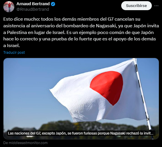 El_Doomer's tweet photo. Épico desenlace a uno de los mayores episodios de luz de gas del anglosionismo. Japón se niega a invitar a Israel durante su genocidio a la ceremonia conmemorativa de Hiroshima y Nagasaki. EEUU y el resto de sus perros del G7 renuncian a ir. Japón termina invitando a Palestina 👏 https://t.co/LnNo0pl72h