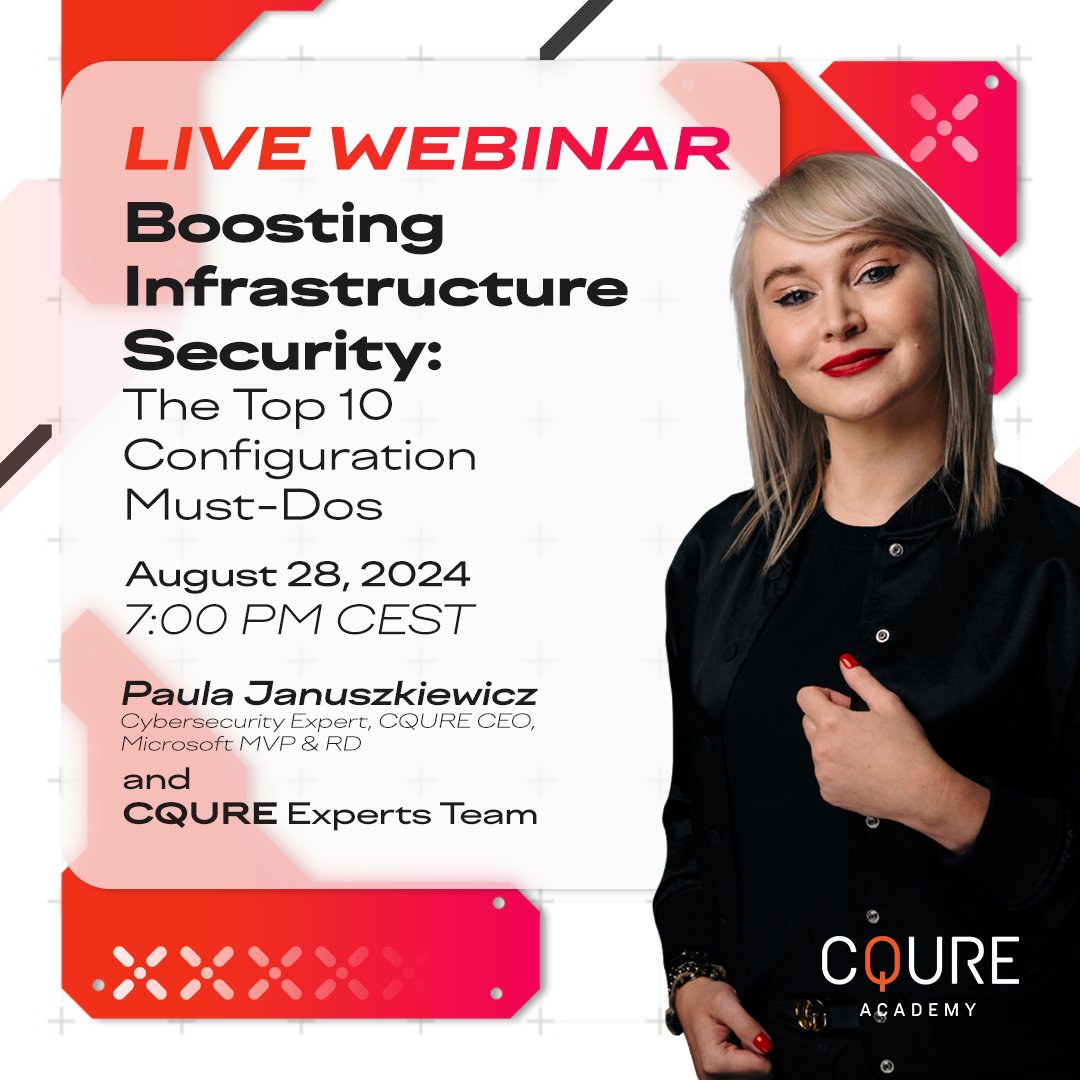 CQURE Academy (@cqureacademy) on Twitter photo 🔒 Unlock effective strategies for securing your organization’s infrastructure during a free LIVE webinar with <a href="/PaulaCqure/">Paula Januszkiewicz</a>, <a href="/samilaiho/">Sami Laiho</a>, <a href="/MJL_PL/">Mike Jankowski-Lorek</a> and <a href="/Amr_Thabet/">Amr Thabet</a>.
📅 August 28
🕰️ 7:00 PM CEST
Real-world tips and live demos included!
🔗Sign up: cqureacademy.com/webinars/infra…
#CQURE 🔒 Unlock effective strategies for securing your organization’s infrastructure during a free LIVE webinar with <a href="/PaulaCqure/">Paula Januszkiewicz</a>, <a href="/samilaiho/">Sami Laiho</a>, <a href="/MJL_PL/">Mike Jankowski-Lorek</a> and <a href="/Amr_Thabet/">Amr Thabet</a>.
📅 August 28
🕰️ 7:00 PM CEST
Real-world tips and live demos included!
🔗Sign up: cqureacademy.com/webinars/infra…
#CQURE