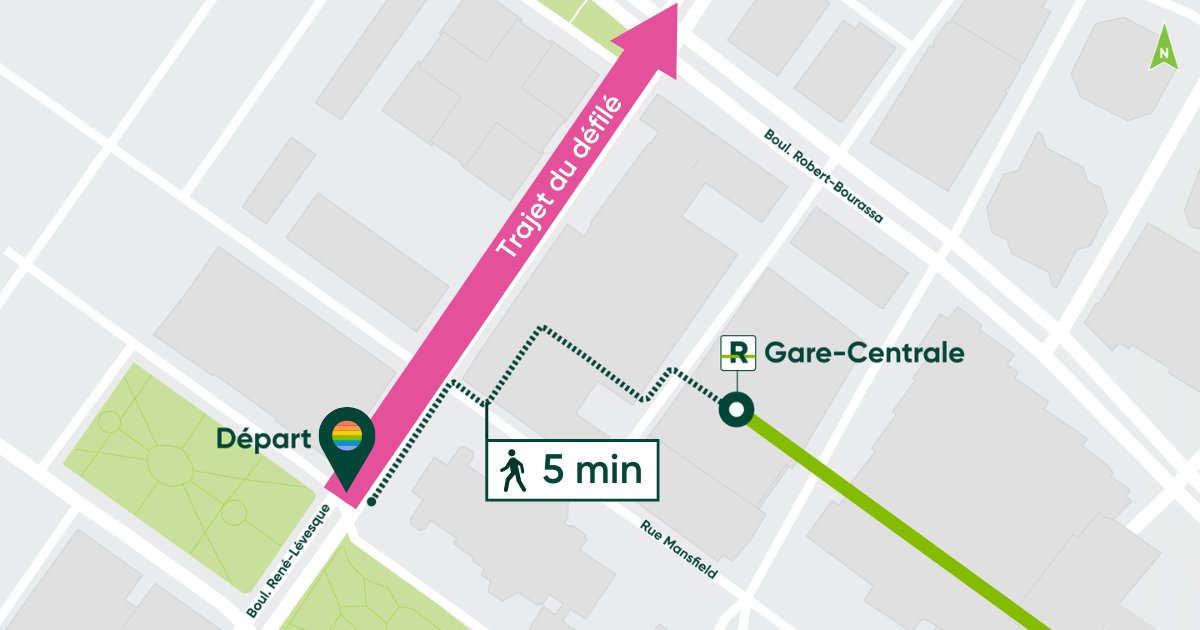 C'est le Défilé de la Fierté ce dimanche! Gens de la Rive-Sud et des environs, le REM vous dépose à seulement 5 minutes à pied du départ sur René-Lévesque. Privilégiez le transport en commun pour vous y rendre! #REMmtl 🏳️‍🌈 <a href="/FierteMTLPride/">Fierté MTL Pride</a>
