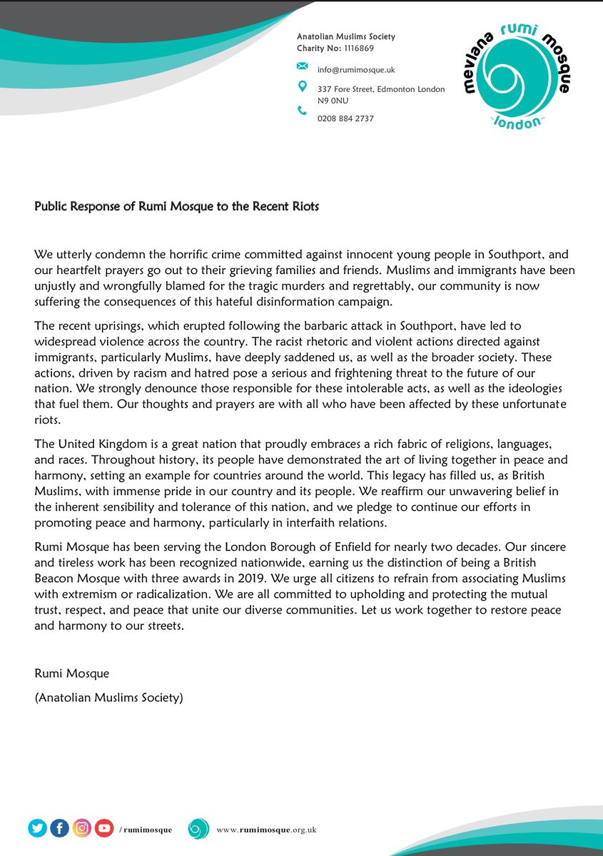 Rumi’s Public Statement as a Response to The Riots 

#Southport #UK #GreatBritain
#southportattack #Cohesion
#Riots #NoHate #PeaceForAll 
#riotsengland #Harmony 
#RiotsinUK  #StrongerTogether