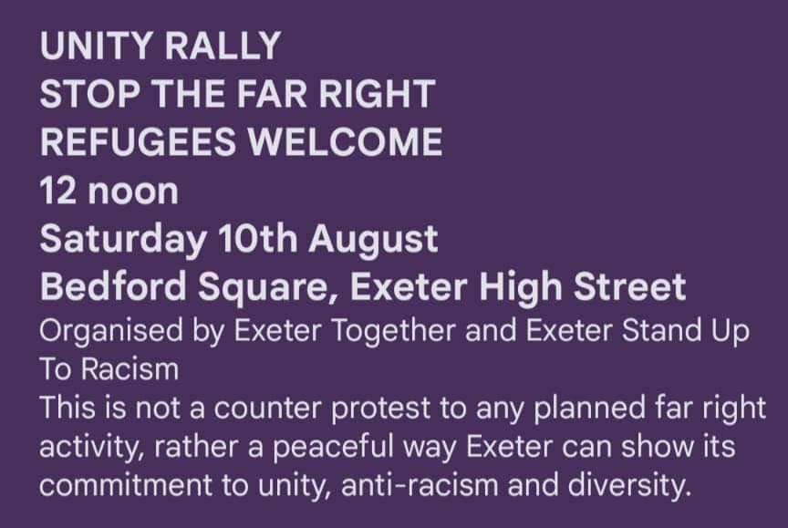 #Exeter is rightly proud of it's diversity, tolerance and the welcome it gives to refugees.
But we won't tollerate or welcome Fascists, racists or Islamophobes. They have no place in our great city. Let's show the world who we really are...