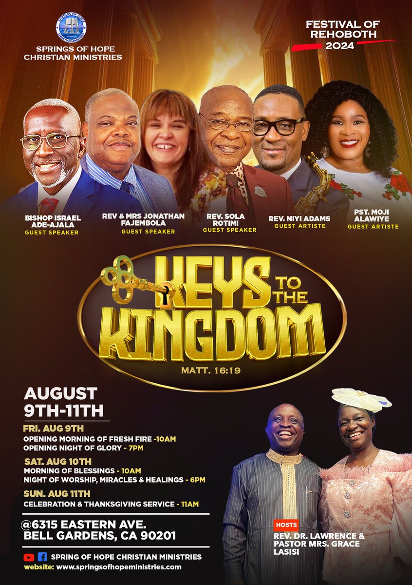 pastorade's tweet photo. California, your time has come! Join us for the Festival of Rehoboth 2024 from August 9th-11th. Get ready to unlock new possibilities and shape a brighter future. Invite someone and witness a life-changing impact! 

 #bishopisraeladeajala #adeajalaministries #gospel #Breakthrough https://t.co/S6BqWJZzVG