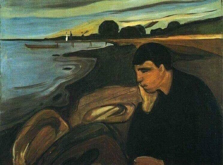هذه اللوحة وصفت الحالة النفسية التي قال عنها فرانس كافكا :

" لا سماء هذا المساء، لا سهر، لا مدينة، لا بلد، أجلس متكئاً على وحدتي، شارداً في لا أحد ."

- painting by edvard munch