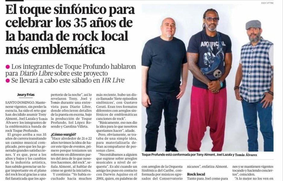 LuiggiSDE's tweet photo. Buen día! Apropiado para saludar el trigésimo quinto aniversario de la más icónica banda de rock del país. La trayectoria vanguardista y consistente de #ToqueProfundo trasciende el tiempo. Mis respetos @TONYALMONT, Joel Lazala y Tomás Alvarez. Enhorabuena, que sigan los éxitos! https://t.co/DgWsPoZJAT