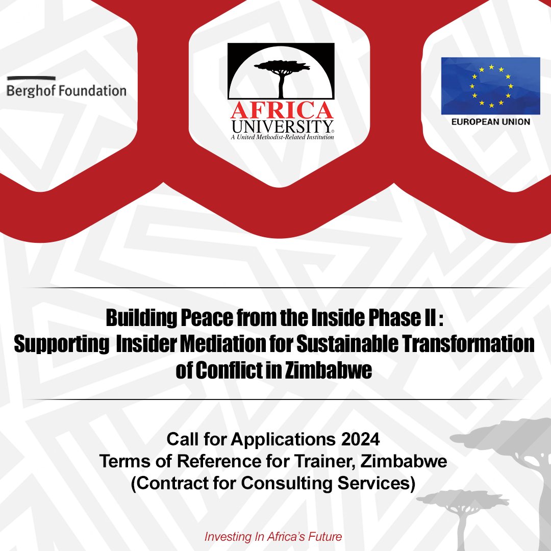 We are Hiring!
The Berghof Foundation and its local partner, Africa University, are looking for two trainers to facilitate a Training of Trainers (ToT) for a group of insider mediators in Zimbabwe.
africau.edu/.../call-for-a…
