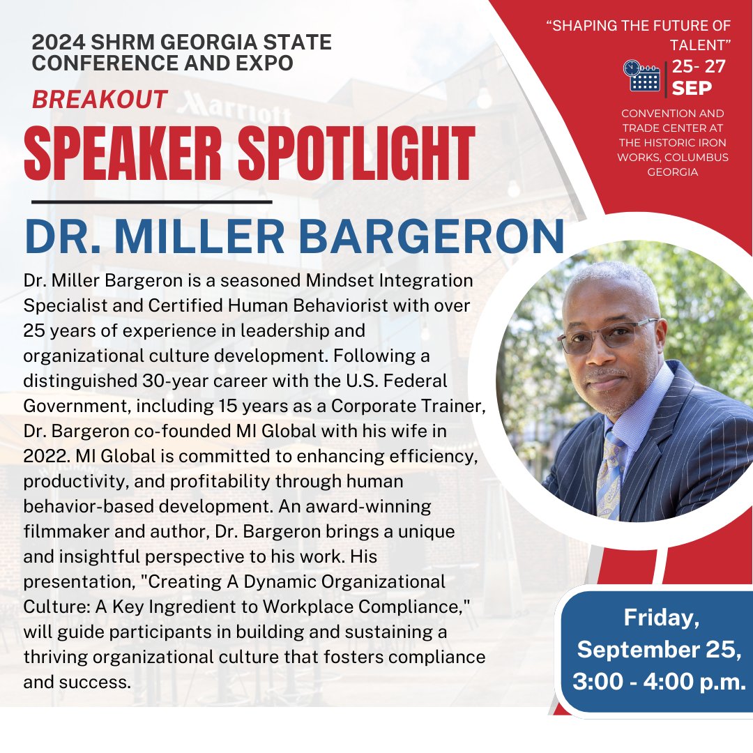 SHRMGA's tweet photo. We're excited to announce our 1st Breakout Speaker for the 2024 SHRM Georgia State Conference and Expo: Dr. Miller Bargeron!  Register today at https://t.co/WmKDd7Emzs. #shrm #shrmga https://t.co/qCmmZqZSuR