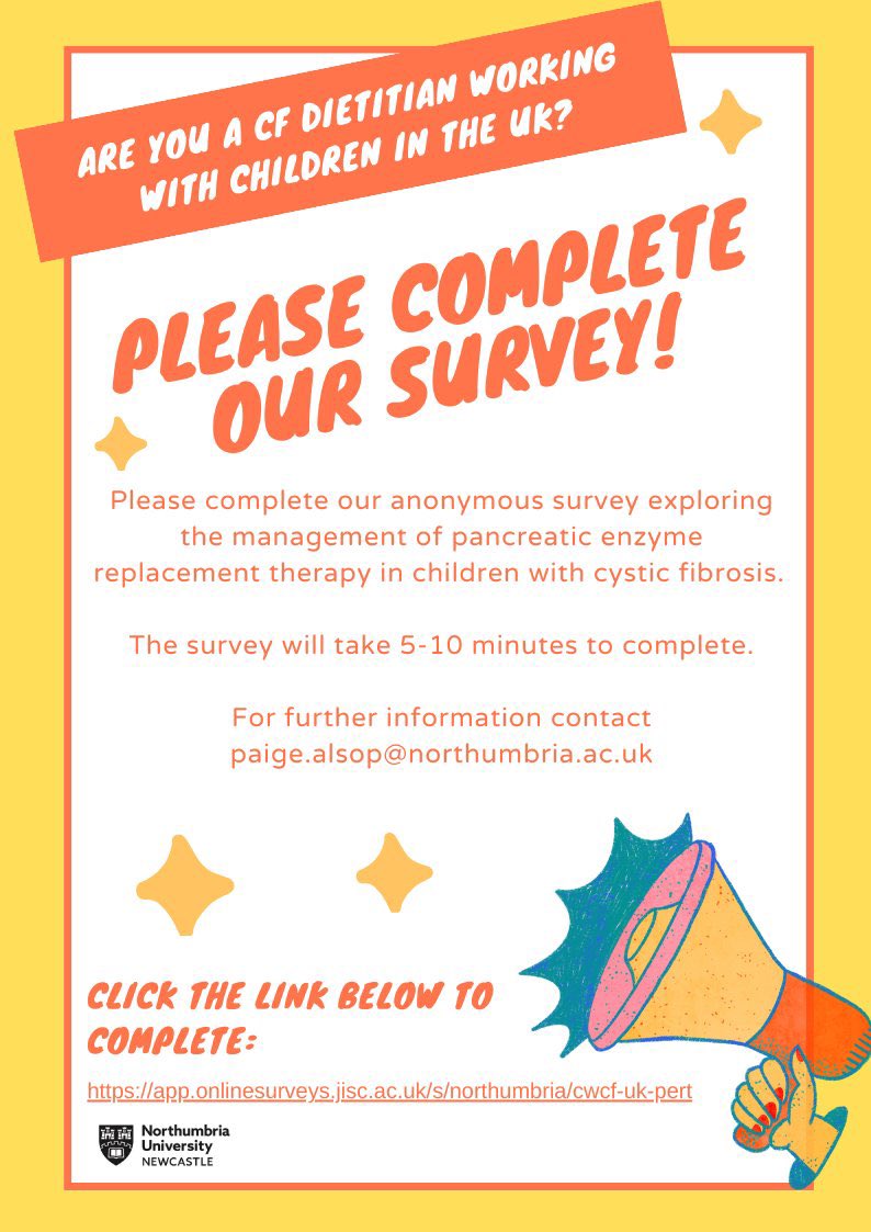 🔔 REMINDER 🔔 

Calling all CF Paediatric Dietitians to please complete our survey exploring PERT management in the highly effective modulator era 🫁💊 

Survey closing date 29/09/24 

Link: app.onlinesurveys.jisc.ac.uk/s/northumbria/…