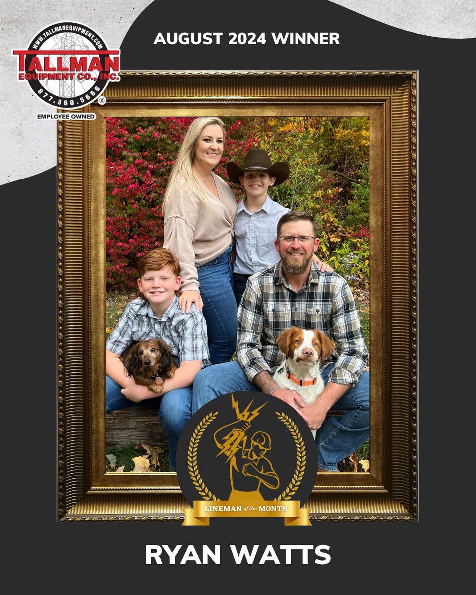 TallmanEquip's tweet photo. Congratulations to Tallman's August Lineman of the Month -- Ryan Watts! ⚡️ 
Nominate a deserving lineman for September using this link: https://t.co/hJa9miEAg6

#linemanofthemonth #trusttallman #linepride #linewifetribe #nominate #winner https://t.co/05kzCuqPbw