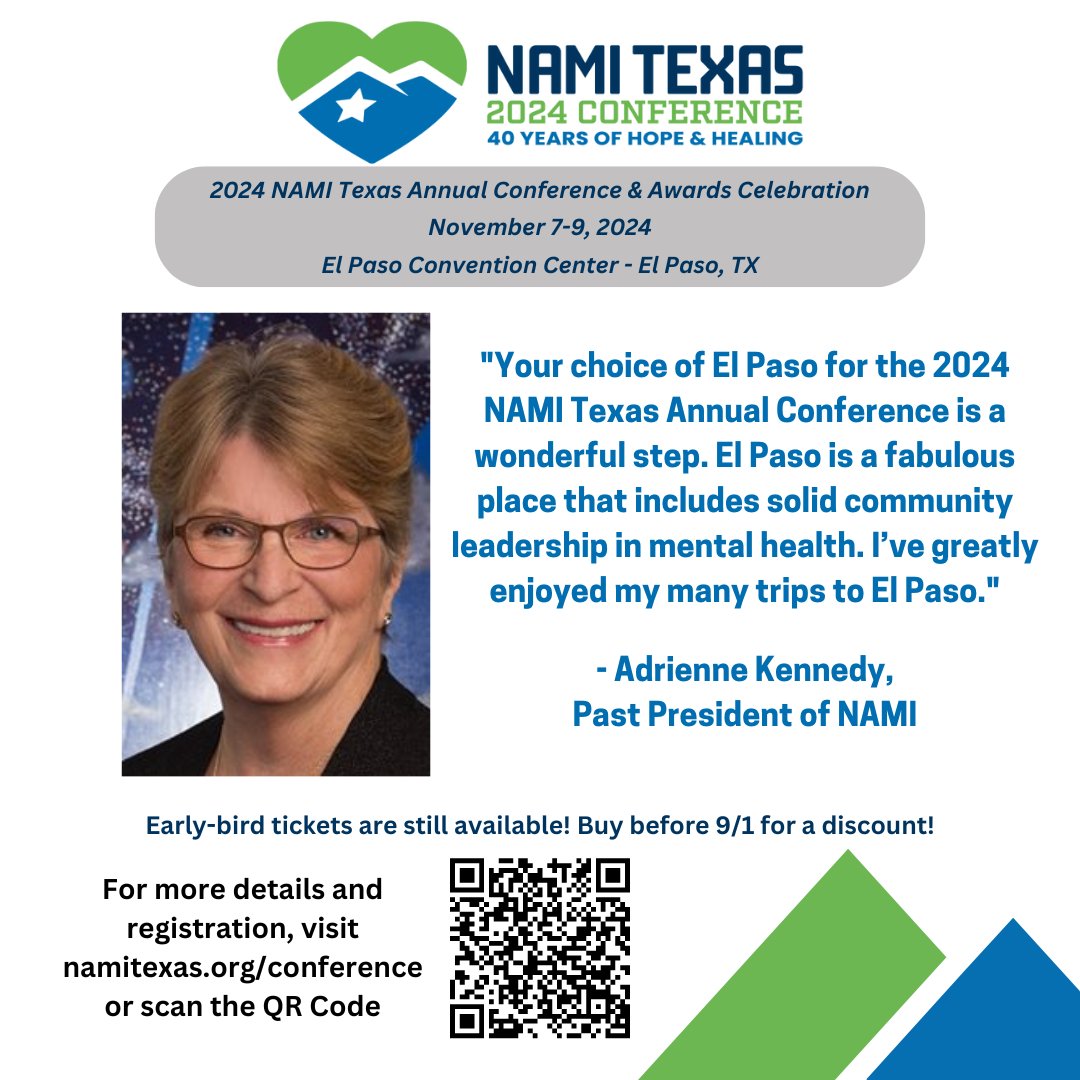 NAMITexas's tweet photo. ✨NAMI Texas is honored to have received this endorsement from Adrienne Kennedy, Past President of NAMI. Thank you so much, Adrienne, for your steadfast leadership of NAMI and your support of NAMI Texas.
📲For all things Conference, visit: https://t.co/kHPXHVCuCP #40HH #txmh https://t.co/DwvKR3sRPU