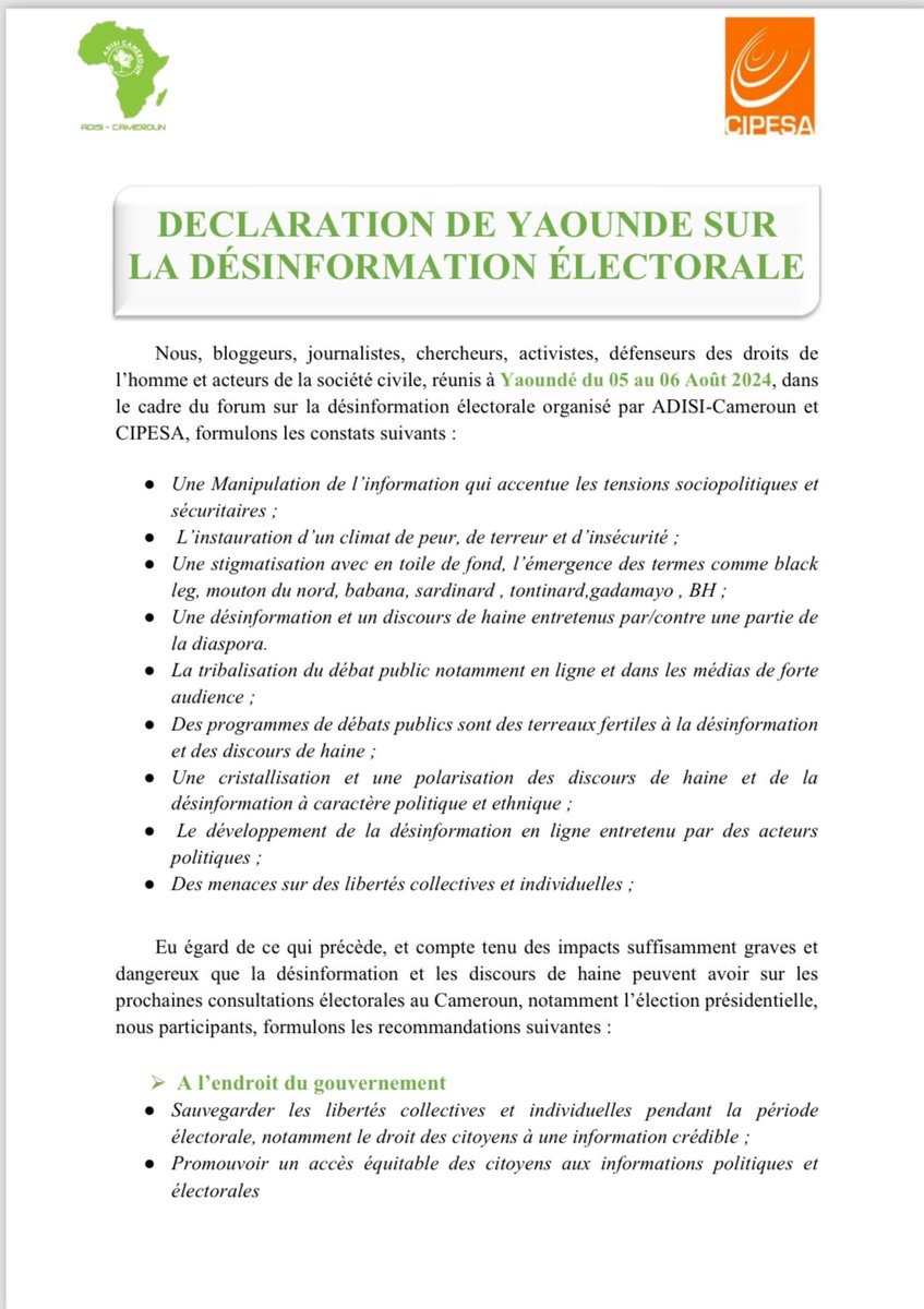 AdisiCameroun's tweet photo. La déclaration de #Yaoundé sur la Désinformation électorale au #Cameroun est disponible ⬇️
@EdukMedia
@DatacheckOrg
#CEIDES
#forumdésinformation
#CRTVWEB
#ABC https://t.co/w8KbRdPvSh