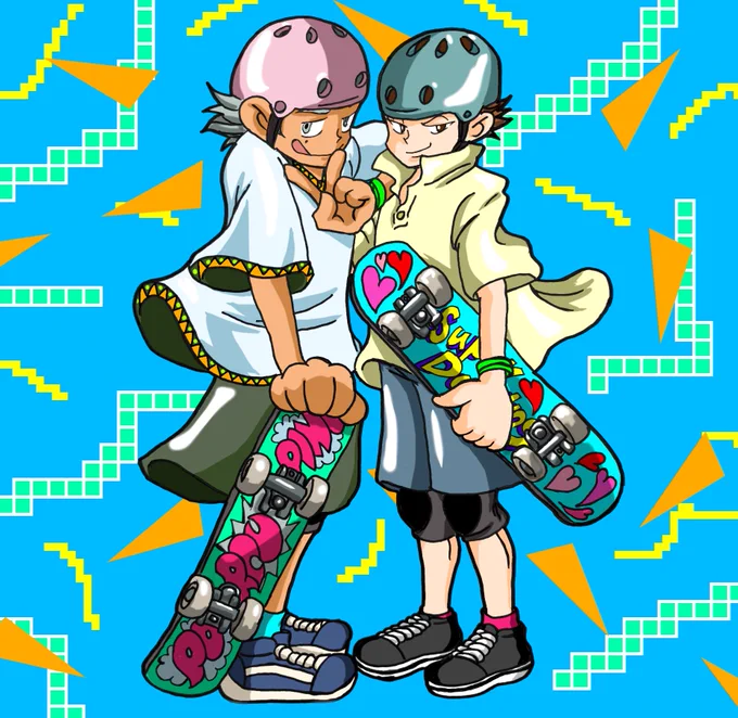 昨日のオリンピックスケボー男子観てから描きたくなって描いちゃったスケーターサトハリ。技キメてるシーンはむずいのでただの立ちポーズにて#弱ペダ#里針#サトハリ 