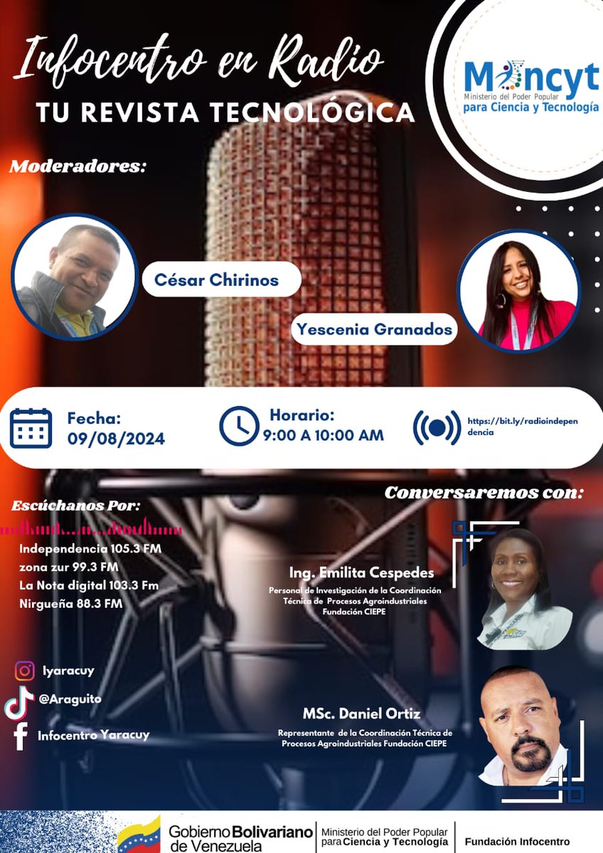 Este viernes no te pierdas una nueva edición de “Infocentro en Radio, Tu Revista Tecnológica", conducido y moderado por <a href="/Yeseg7/">Yescenia E. Granados M.</a> de <a href="/BrigadasCHCH/">Brigadas comunicacionales Hugo Chávez</a> y <a href="/Cesarchirinosya/">César Chirinos</a> de <a href="/IYaracuy/">Infocentro Yaracuy</a>

#PuebloSonrienteYEnPaz
¡Vamos!
<a href="/Gabrielasjr/">Gabriela Jiménez</a>
@LarosaInfove
<a href="/InfocentroOce/">Infocentro_Vzla3</a>