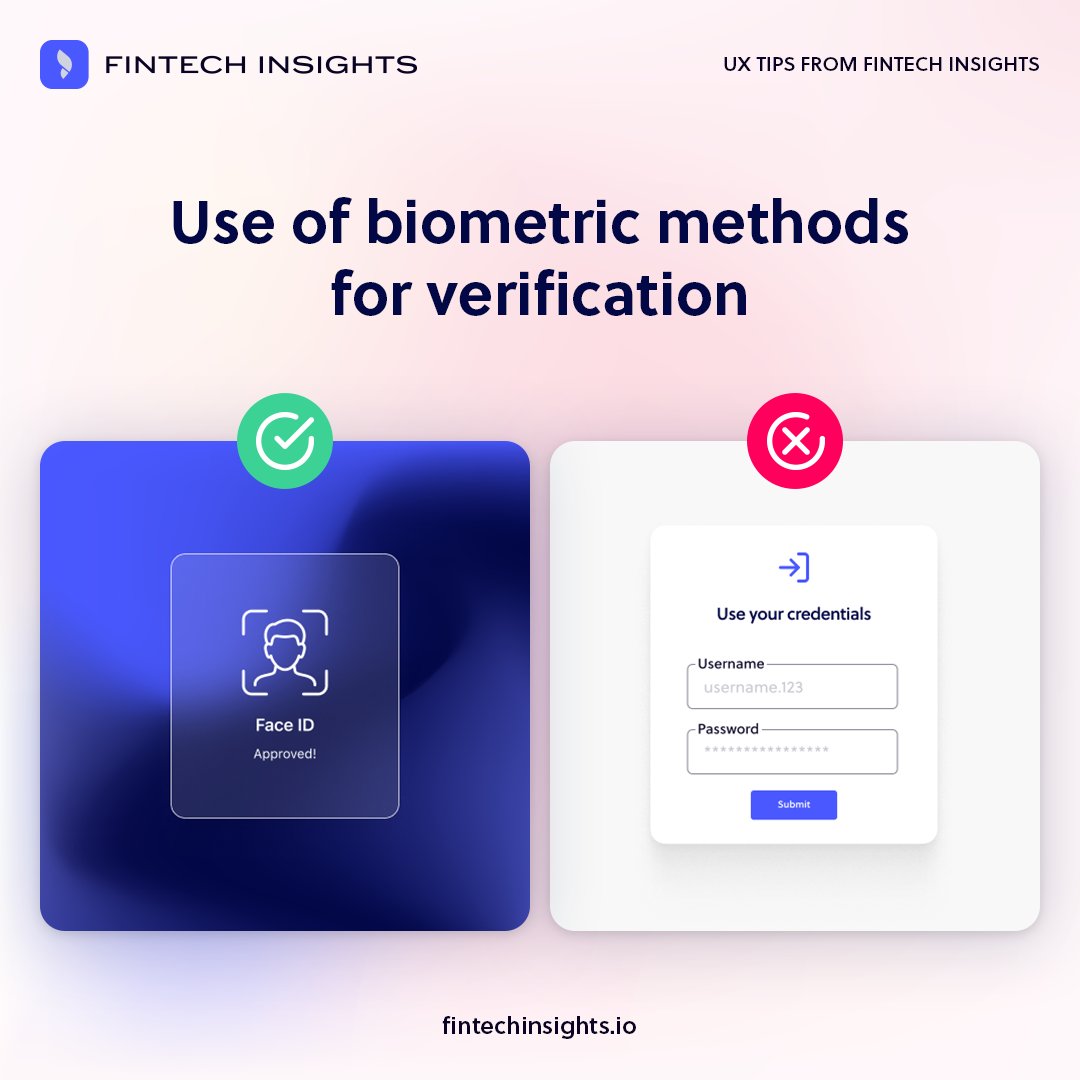 fintechins1ghts's tweet image. Having analysed 500K+ user journeys, we&apos;ve identified key #UX best practices. Today&apos;s focus: #BiometricVerification. Face ID verification is vital in #banking apps. #Banks using outdated methods like passwords/token devices, risk falling behind as Face ID is now a global standard