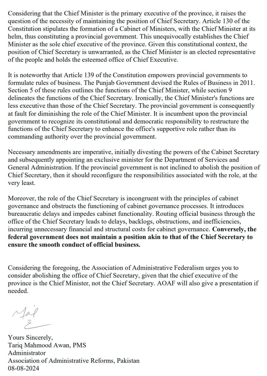 I have written a letter to respected CM Punjab <a href="/MaryamNSharif/">Maryam Nawaz Sharif</a> to abolish the office of chief secretary. This office is against federalism, public interest &amp; political empowerment.
If politicians want to control bureaucracy, it must begin with abolishing office of chief secretary.