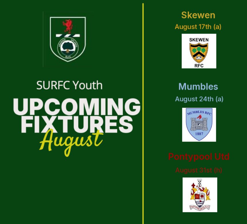 SURFC u18s (@uplandsrfc_u16) on Twitter photo Summer Time - preseason fixtures for August SURFC Youth <a href="/Geth_prop/">Gethin Robinson</a> <a href="/AllWalesSport/">All Wales Sport</a> <a href="/SkewenRfcYouth/">Skewen Youth RFC</a> <a href="/YouthMumbles/">Mumbles Youth</a> <a href="/PontypoolUnite/">Pontypool United RFC</a> Summer Time - preseason fixtures for August SURFC Youth <a href="/Geth_prop/">Gethin Robinson</a> <a href="/AllWalesSport/">All Wales Sport</a> <a href="/SkewenRfcYouth/">Skewen Youth RFC</a> <a href="/YouthMumbles/">Mumbles Youth</a> <a href="/PontypoolUnite/">Pontypool United RFC</a>