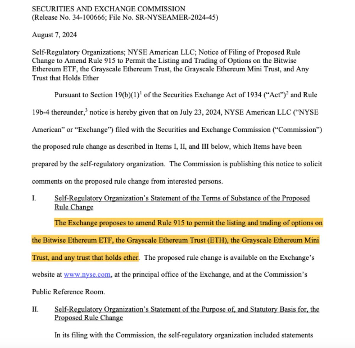 🧐 JUST IN: The NYSE American has asked the
<a href="/SECGov/">U.S. Securities and Exchange Commission</a> for approval for it to list and trade options for three Ether ETFs from Bitwise and Grayscale.