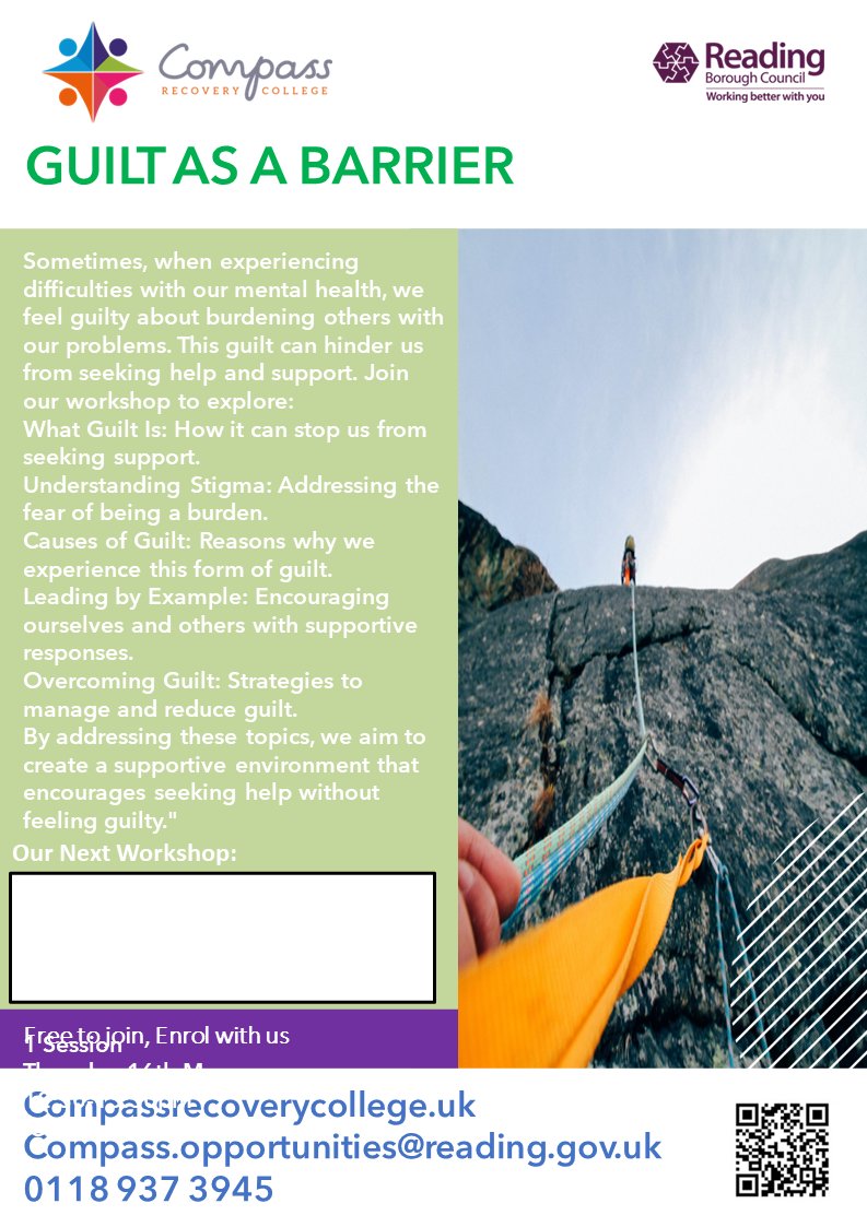 RecoveryCompass's tweet image. Sometimes, when experiencing difficulties with our mental health, we feel guilty about burdening others with our problems. This guilt can hinder us from seeking help and support. Join our workshop, Thursday 15th Aug,  to explore guilt and strategies to cope.