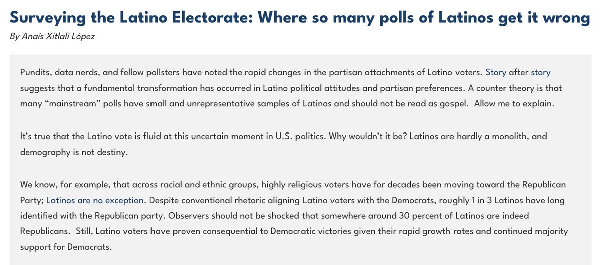 BSPresearch (@bspresearch) on Twitter photo 📊🔍 MUST READ: We know Latinos will play a pivotal part in the 2024 election, but why are different polls telling different stories? <a href="/BSPresearch/">BSPresearch</a> analyst <a href="/_anaisxlopez/">Anaís X. López</a> dives into the methodology of polling Latinos & why so many get it wrong.
LINK: tinyurl.com/LatElectorate 📊🔍 MUST READ: We know Latinos will play a pivotal part in the 2024 election, but why are different polls telling different stories? <a href="/BSPresearch/">BSPresearch</a> analyst <a href="/_anaisxlopez/">Anaís X. López</a> dives into the methodology of polling Latinos & why so many get it wrong.
LINK: tinyurl.com/LatElectorate