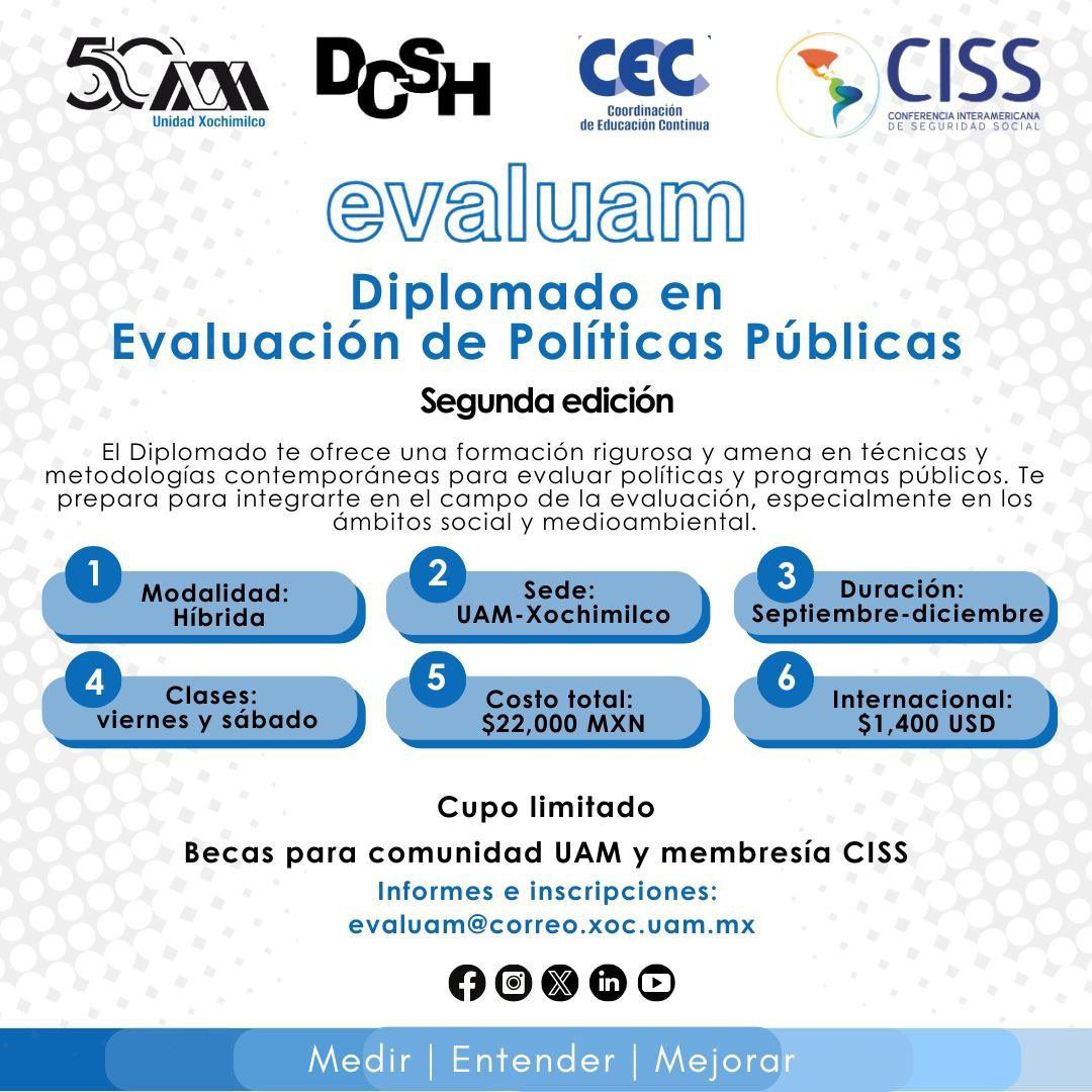 evaluam (@evaluam_) on Twitter photo 🪧¿Te interesa formar parte de la comunidad de práctica de la evaluación?
💙 ¡Esta es tu oportunidad!
🤓 Inscríbete al Diplomado en Evaluación de Políticas Públicas.
🗓️ Inicio: 6 de septiembre de 2024
📩 Informes: evaluam@correo.xoc.uam.mx 🪧¿Te interesa formar parte de la comunidad de práctica de la evaluación?
💙 ¡Esta es tu oportunidad!
🤓 Inscríbete al Diplomado en Evaluación de Políticas Públicas.
🗓️ Inicio: 6 de septiembre de 2024
📩 Informes: evaluam@correo.xoc.uam.mx