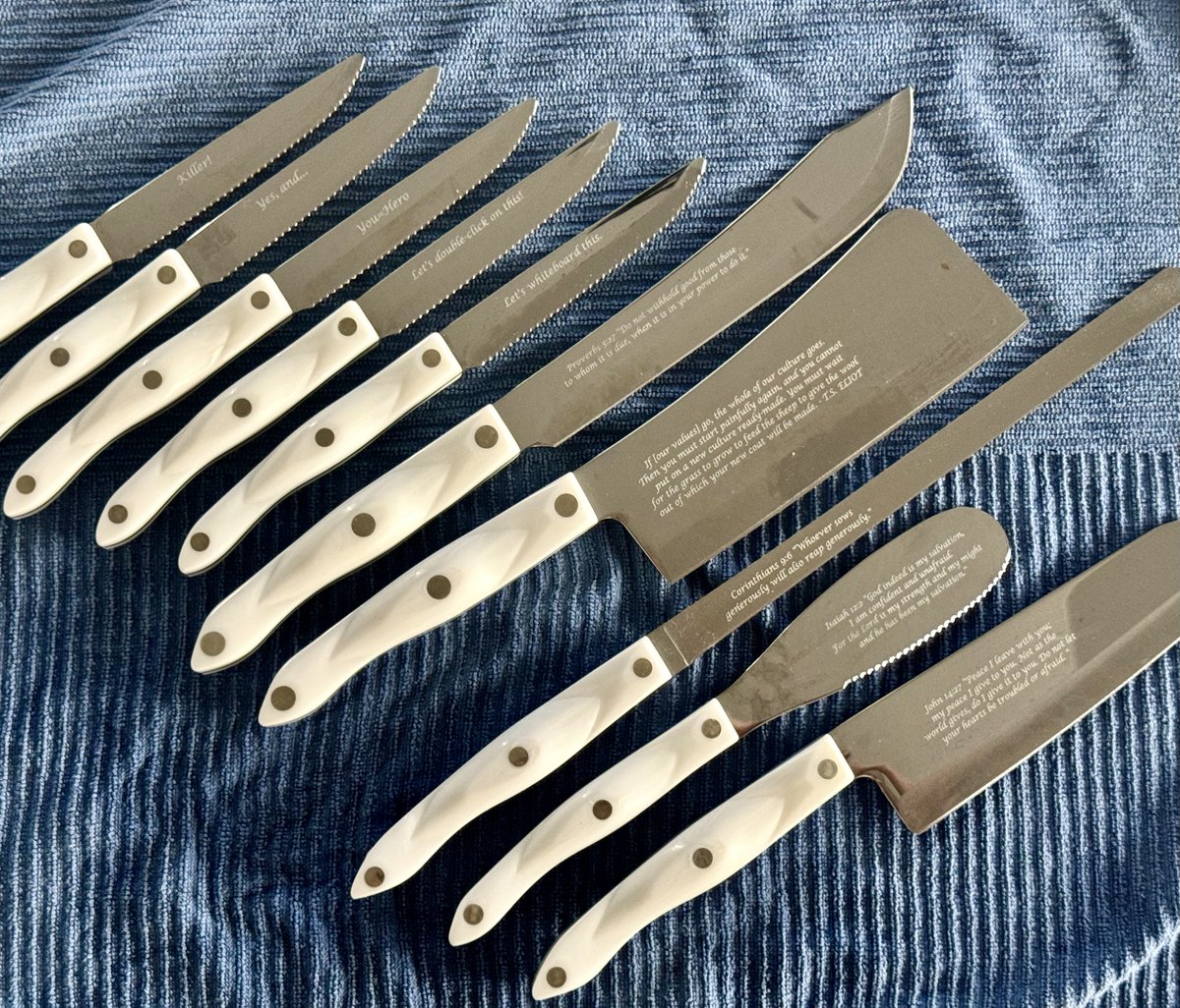 Evan Baehr (@evanbaehr) on Twitter photo My friend <a href="/ruhlin/">John Ruhlin</a> died unexpectedly leaving a wife and four amazing kids behind. A few year ago John sent me a set of 30 cutco knives--already an extravagant gift. He collected my favorite sayings and scripture verses and engraved each knife with something special to me.
They My friend <a href="/ruhlin/">John Ruhlin</a> died unexpectedly leaving a wife and four amazing kids behind. A few year ago John sent me a set of 30 cutco knives--already an extravagant gift. He collected my favorite sayings and scripture verses and engraved each knife with something special to me.
They