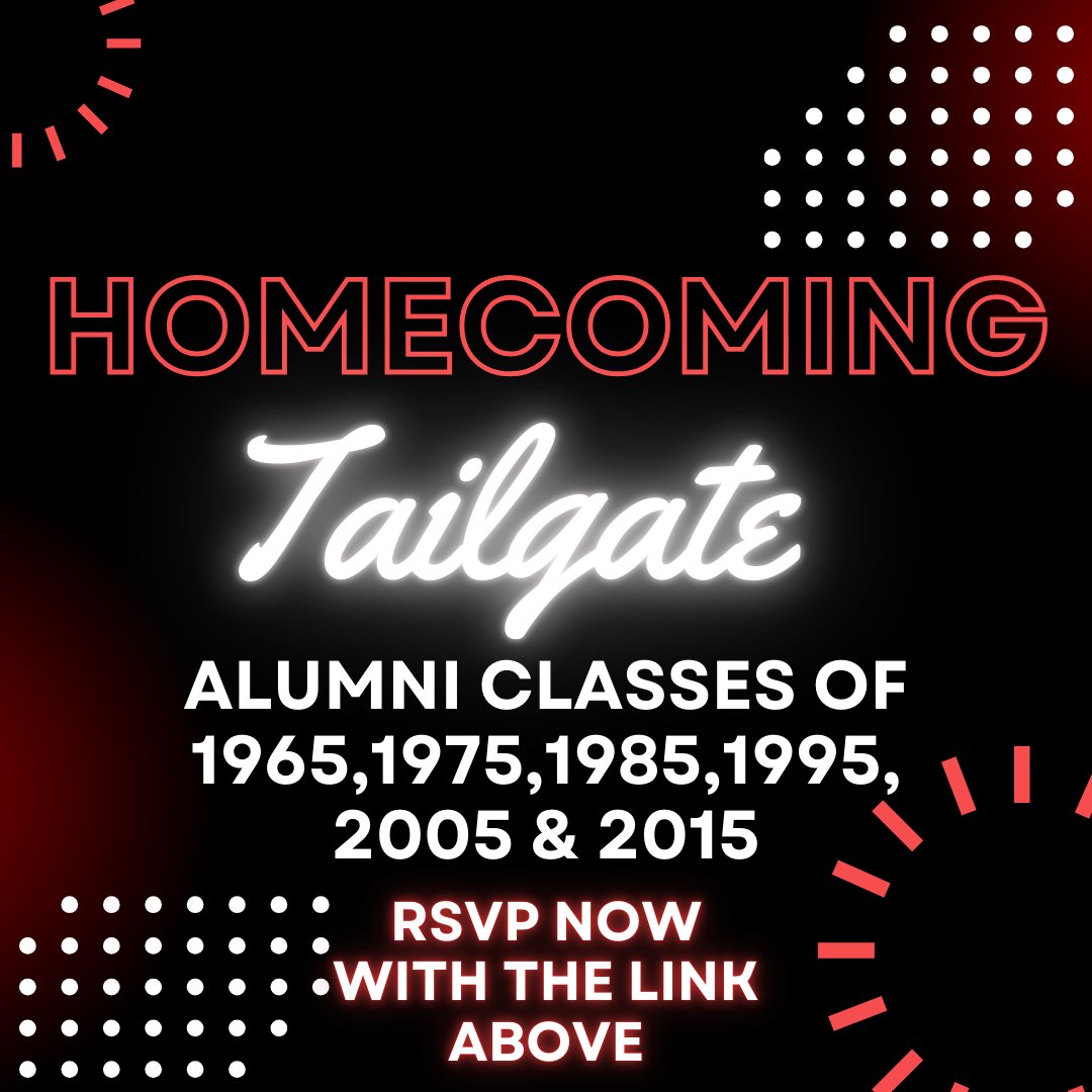 Attention Alumni Classes of 1965,1975,1985,1995,2005 and 2015!!
We are hosting a Homecoming Tailgate on September 6th and would love to invite YOU! Please clink the link below to get more information and to RSVP! Please share with your classmates!
-forms.gle/teWELbyYaZBWG3…
