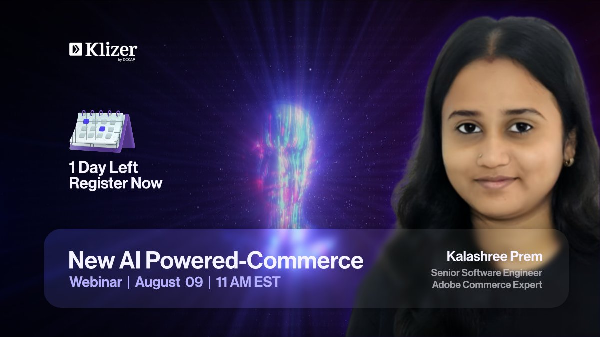 klizer_official's tweet photo. 🚨 Only 1 Day Left! Join us tomorrow for an exclusive webinar with Kalashree Prem, Senior Software Engineer at Klizer. Explore how AI is revolutionizing ecommerce! 🗓 Aug 9, 2024 ⏰ 11:00 AM EST.

Register now: https://t.co/joCohlHDm2

#Webinar #AIinCommerce #AdobeCommerce https://t.co/8YtRr4MMiI
