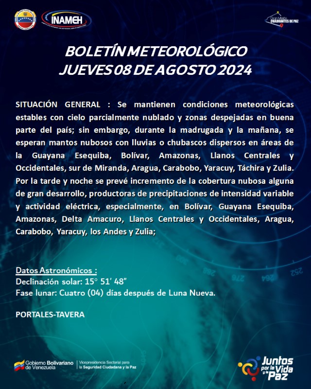 PCivil_Ve's tweet photo. 🚨 Boletín meteorológico para este  jueves #8Ago por @INAMEH https://t.co/RAleAKeluJ