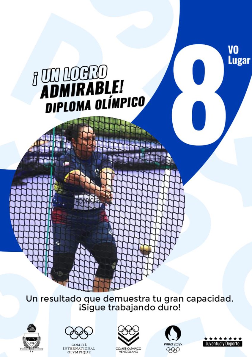 #8Ago
¡Diploma olímpico! 
Rosa Rodríguez se ubicó en el 8vo lugar del lanzamiento de martillo en su primera final olímpica y 4tos Juegos Olímpicos. Felicitaciones
<a href="/OfficialCOV/">Comité Olímpico Venezolano</a> 
#PuebloSonrienteYEnPaz #Infocentro
<a href="/Gabrielasjr/">Gabriela Jiménez</a> <a href="/LaRosaInfoVE/">LaRosaInfoVE</a> <a href="/brigadasCHCH/">Brigadas comunicacionales Hugo Chávez</a> <a href="/enunclicvlc/">caraboboenunclic</a> <a href="/InfocentroOce/">Infocentro_Vzla3</a>