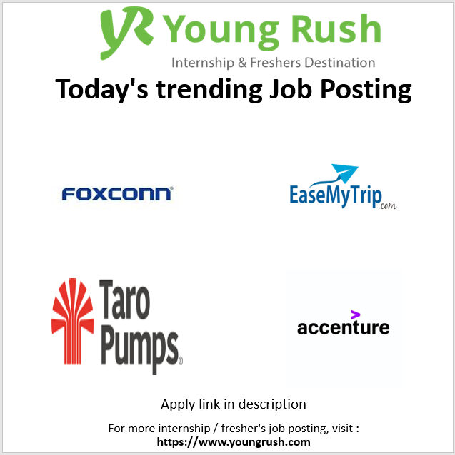 youngrushindia's tweet photo. Today's trending Internship &amp; Fresher's Job Postings:

Foxconn : https://t.co/BsF2hA6mC6
EaseMytrip : https://t.co/RfOa97ftgL
Accenture : https://t.co/ts6R10Xthk
TaroPumps : https://t.co/gonTfxhm8P

#youngrush #internships #freshers #hiring https://t.co/fBOr9nPWSc