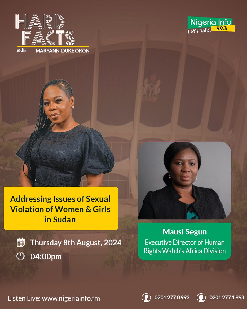 NigeriainfoFM's tweet photo. Global Review: Addressing Issues of Sexual Violation of Women & Girls in Sudan

Director of Human Rights Watch's Africa Division, @MausiSegun joins @mimieyo on #HardFacts 

#NigeriaInfoHF | 

Join the conversation: 

📻 https://t.co/dEdf9W5uh7
☎02012770993
☎02014657190 (Female Only)
📩 08095975805

#NigeriaInfoFM993