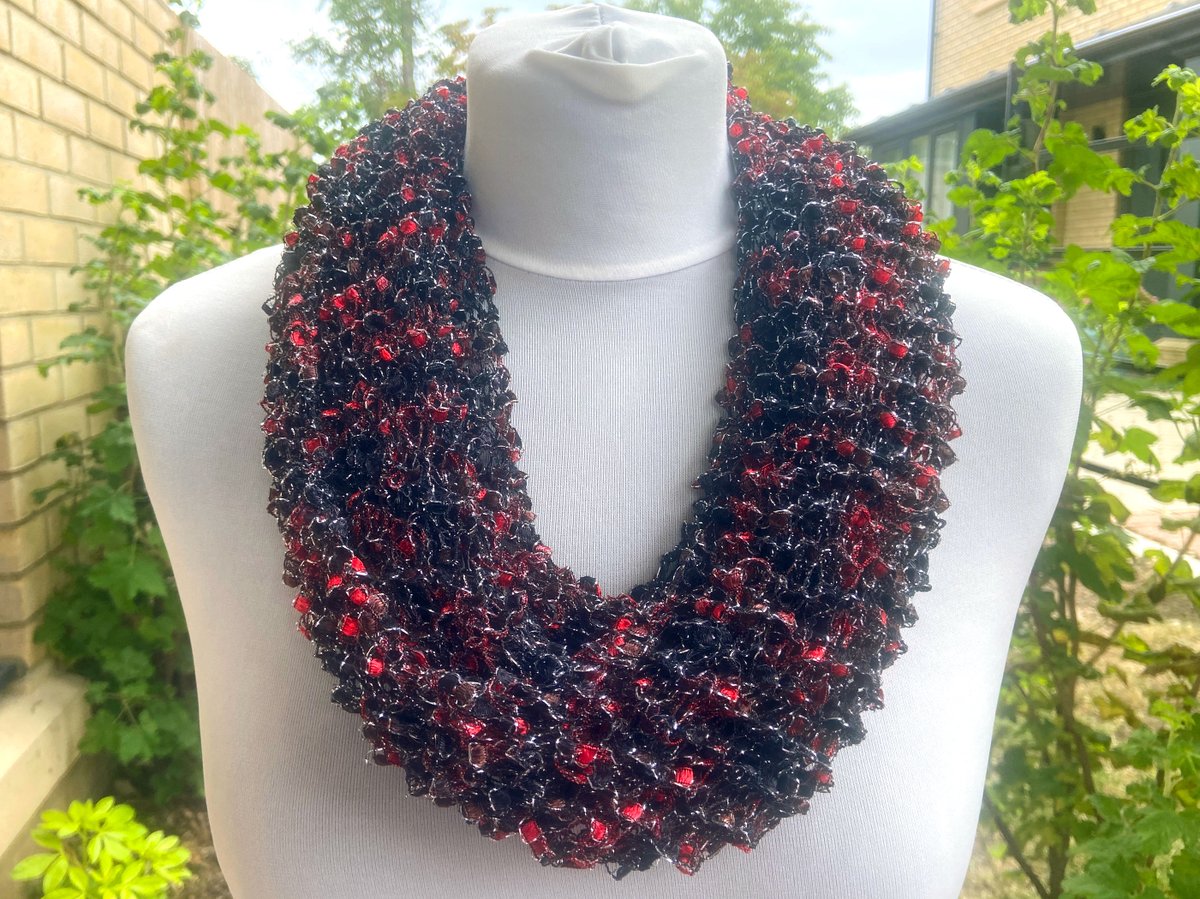 KentCrafts's tweet photo. Ladder yarn infinity scarf in black, red and silver, women's hand-knitted ribbon yarn all seasons neck warmer. Available in my Etsy shop at: https://t.co/g64DVfLHx0 #ladderyarn #ribbonyarn #infinityscarf #etsyhandmade #etsygifts #etsyseller #etsymaker https://t.co/Fv1UF5vp4O