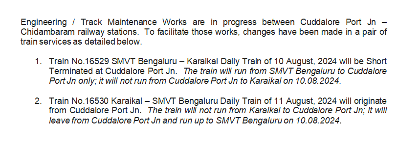 Changes in
Bengaluru - Karaikal - Bengaluru Train Services.

Commuters / Passengers,
Kindly Take Note.

<a href="/GMSRailway/">Southern Railway</a> <a href="/RailMinIndia/">Ministry of Railways</a>