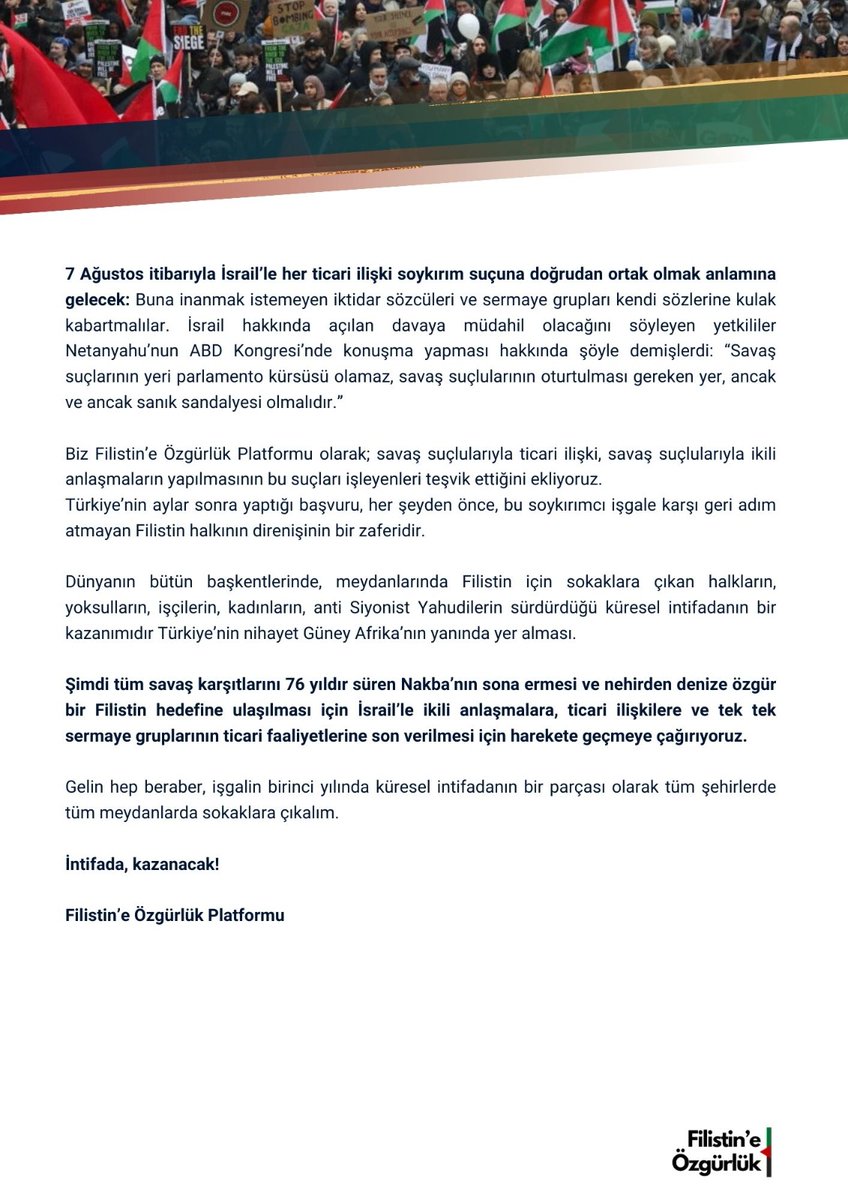 _ozgurfilistin's tweet photo. Türkiye soykırım davasına müdahil olma başvurusunu NİHAYET gerçekleştirdi.

Artık, İsrail’le her ticari ilişki soykırım suçuna doğrudan ortak olmak anlamına gelir. 

🇵🇸 Herkesi, İsrail’le ikili anlaşmalara, ticari ilişkilere son verilmesi için harekete geçmeye çağırıyoruz. https://t.co/9QWUHDU0jS