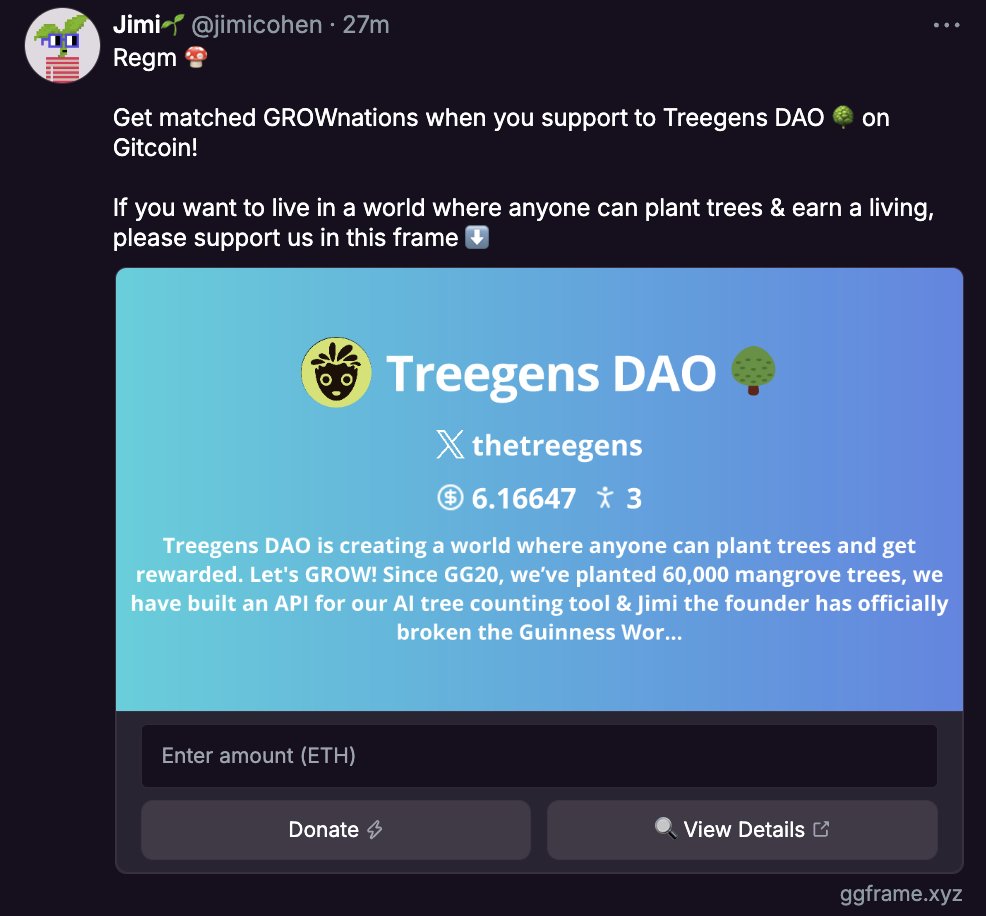 JimiCohen's tweet photo. THIS IS HUGE! 🫡

You can now GROWnate to a @Gitcoin grant on Farcaster! 

Link to make yours is in the comments of this post: https://t.co/f21BfWYkR4 https://t.co/WAryfC8tcE