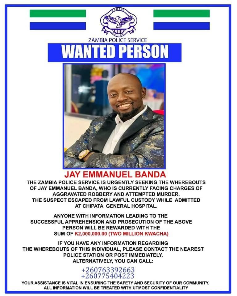 WANTED PERSON

K2 million for anyone who will find Emmanuel JJ Banda - Police Say