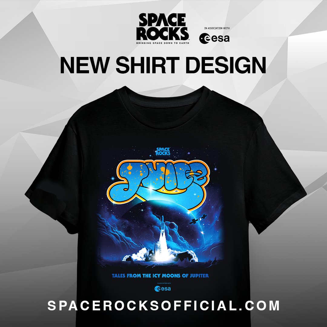 spacerockslive's tweet photo. Celebrate the thrilling Juice flyby with our brand new ESA-approved shirt! Grab it in the Space Rocks shop before it floats away! https://t.co/m6OSRpFGDO #ESAJuice #icymoons #Jupiter #esa #spacemerch https://t.co/NO4d4AH6ES