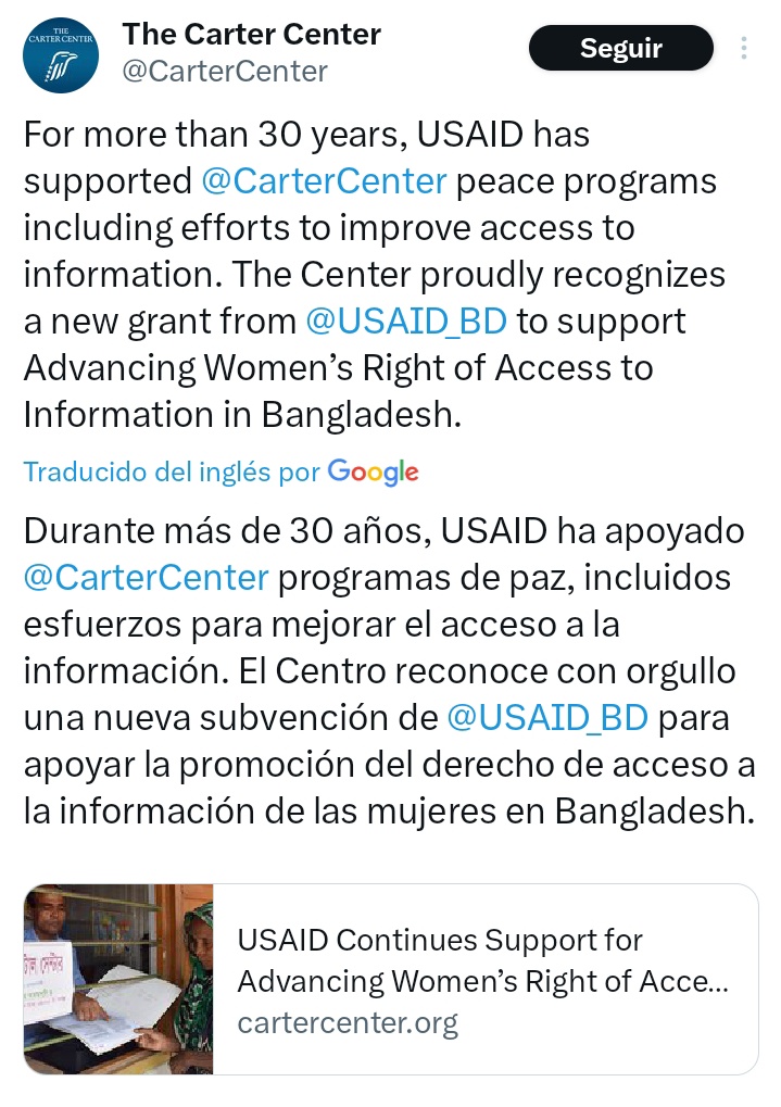 El propio Centro Carter que pretende "legitimar" la victoria del candidato de Washington en Venezuela, Edmundo González, "reconoce con orgullo" recibir financiamientos de la USAID desde hace más de 30 años.. quien paga manda, no hay dudas!