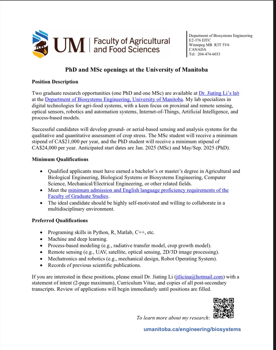 fundedphd's tweet photo. 🎓 Exciting opportunity! Fully funded #PhD positions available with Dr. Jiating Li at @umanitoba. 🌱 Research in cutting-edge #Biosystems #Engineering! Apply now: https://t.co/BOQfHCEitM. Review of applications starts immediately—don’t miss out! #ResearchOpportunities #GradSchool https://t.co/XCiNz3JhQr