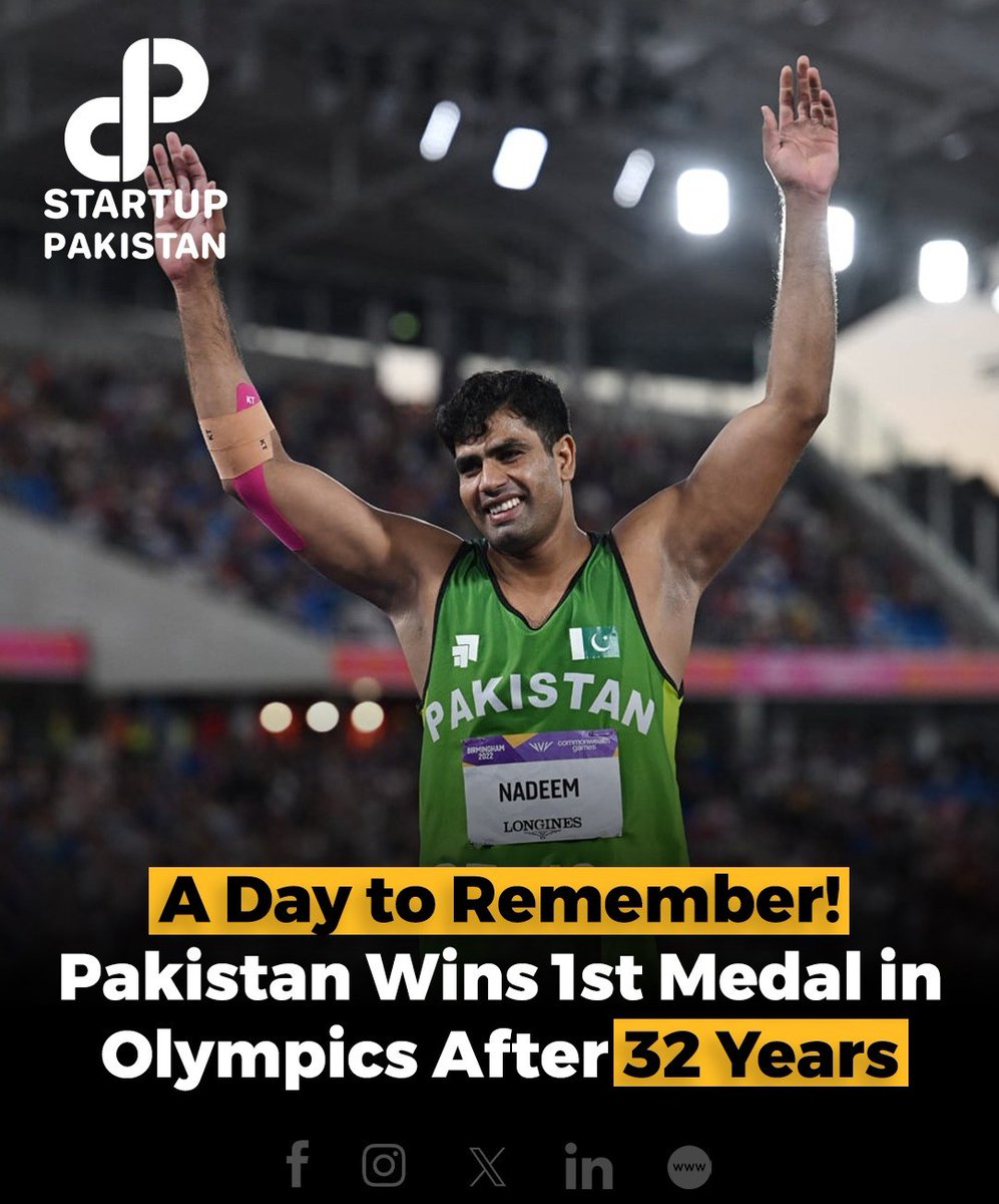 PakStartup's tweet photo. A Day to Remember! Pakistan Wins 1st Medal in Olympics After 32 Years.

#ArshadNadeem #OlympicGold #JavelinThrow #PakistanPride #HistoricWin https://t.co/R3vVStH1WN