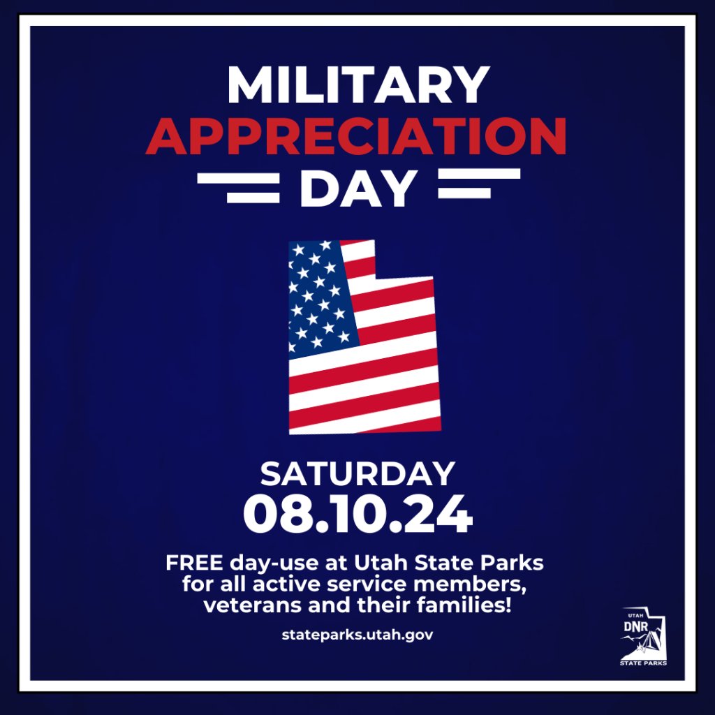 The Utah Division of State Parks is excited to announce that Military Appreciation Day will be held Saturday, August 10, 2024!

As part of the celebration, all Utah state parks* will offer free day-use entrance for active military, veterans, and their families in the same vehicle