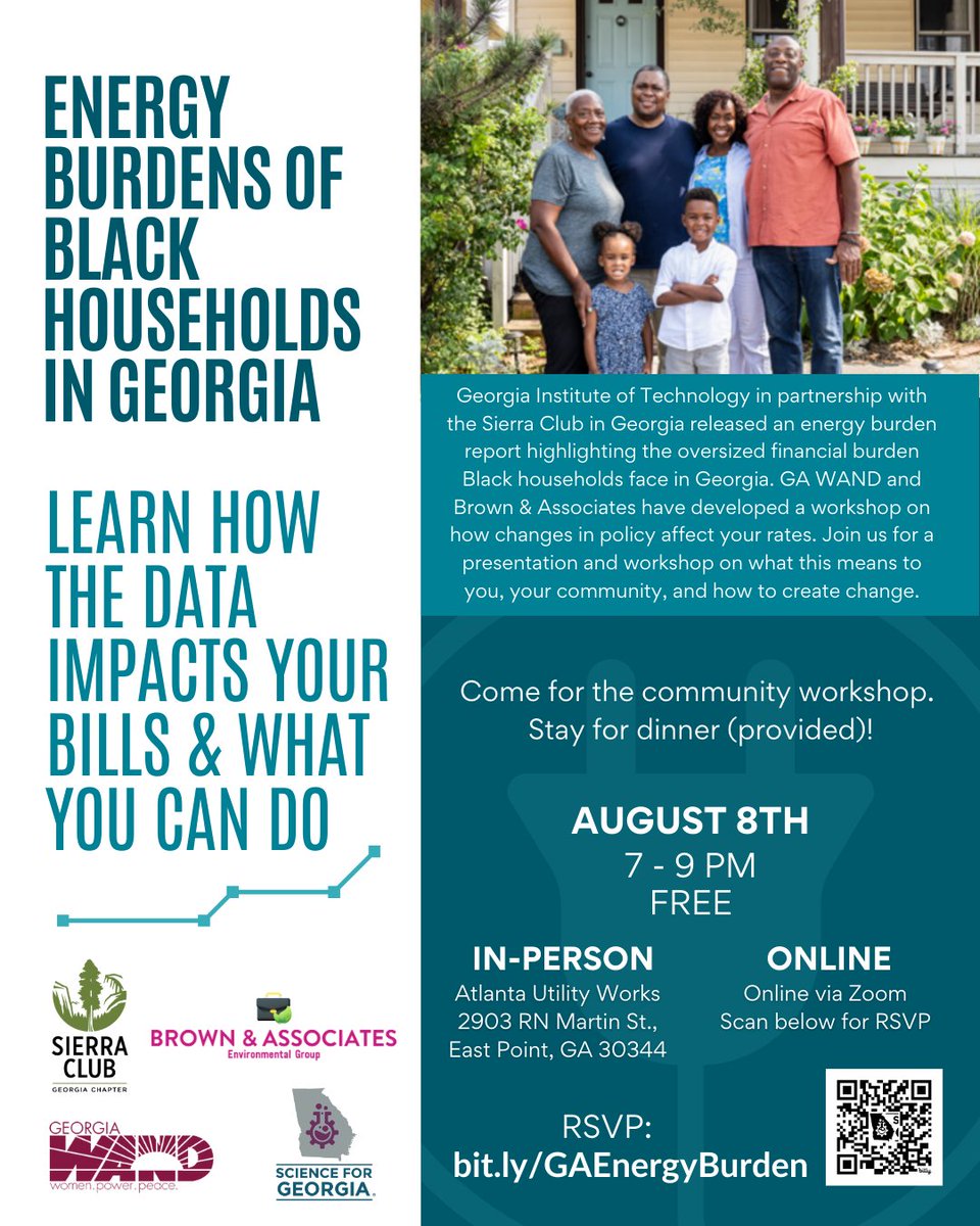 Happening tonight! Join us for an empowering look at the data of high energy bill burdens on Black households. Learn how to use the report data for a more equitable future in your community. FREE event with dinner provided! Learn more and RSVP here: bit.ly/GAEnergyBurden