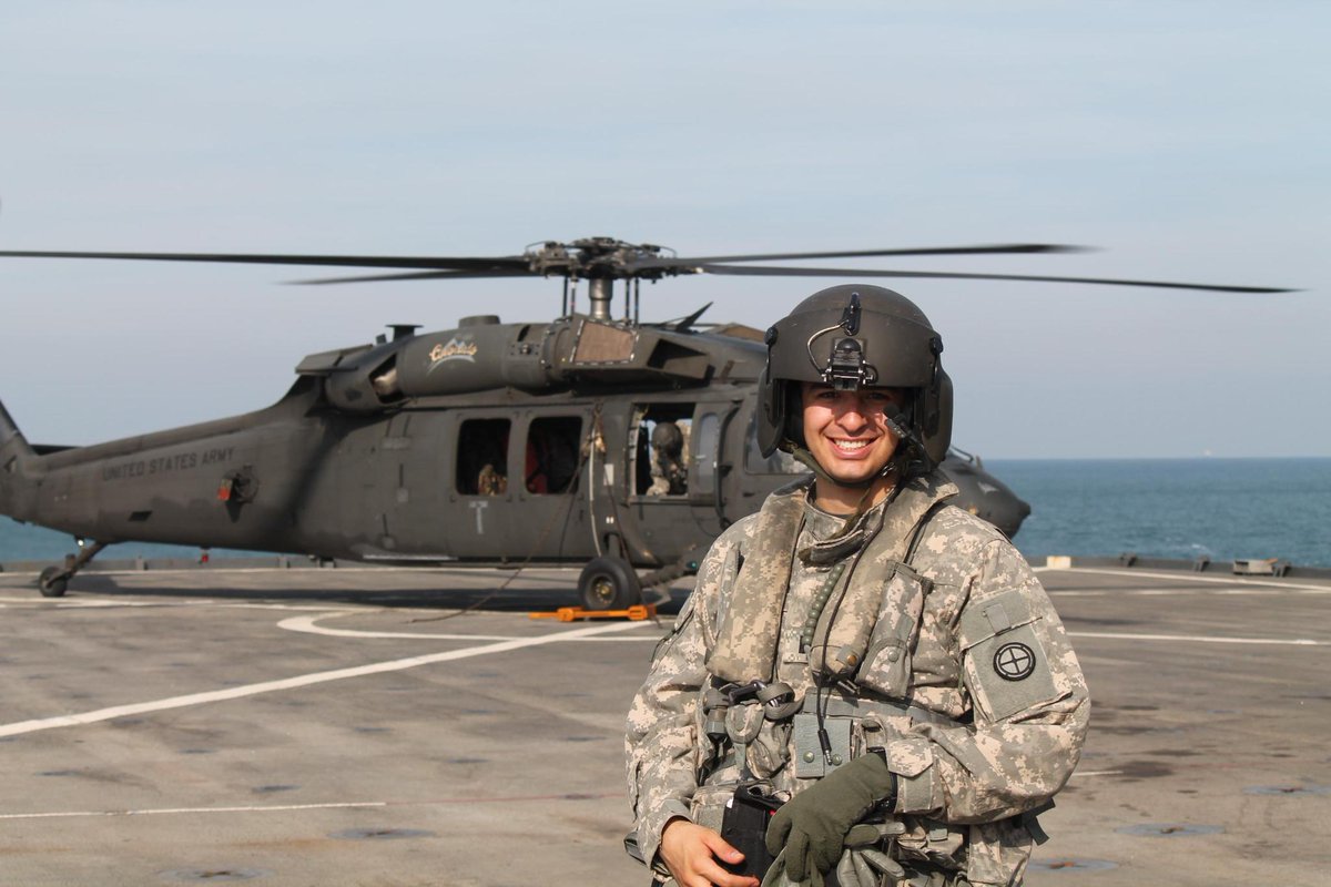 GabeforColorado's tweet photo. This is me not being Tim Walz, landing on the deck of the USS Rushmore as we conduct joint Army/Navy operations in a designated combat zone in the Middle East. #CO08 https://t.co/707ARsmac4