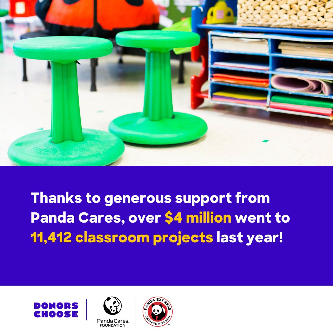 Thank you <a href="/PandaExpress/">Panda Express</a> for your continued support of teachers 💙 Over the last school year, Panda Cares gave over $4 million so teachers could have the resources they need! That means over 5,800 schools got materials like classroom furniture, books, and technology for students!