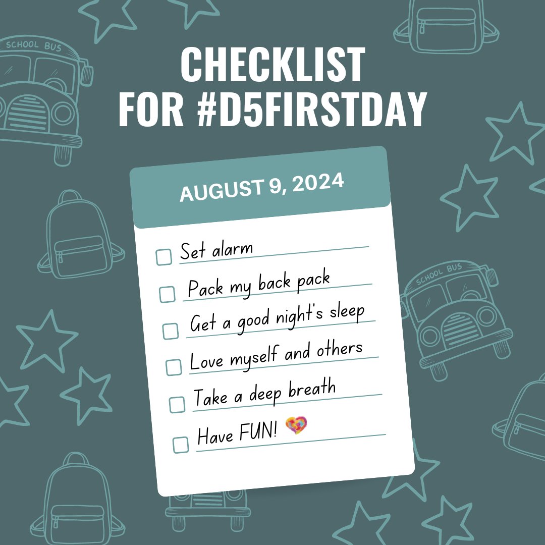 🎉#D5FIRSTDAY is finally here! We can't wait to see our #LexRich5Schools students tomorrow! Here is your checklist to get ready for the first day #BackToSchool:
⏰Set alarm
🎒Pack my back pack
😴Get a good night's sleep
❤ Love myself and others
🧘🏿‍♂️Take a deep breath
🌈HAVE FUN!
