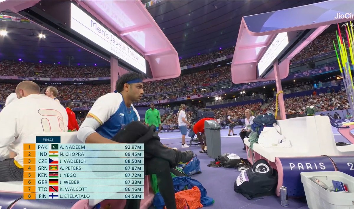 pnkj__'s tweet photo. Sirf 7 athlete ke sath Pakistan gold le gya 
Aur india 117 athlete ke sath 0 gold 

#Olympics     #JavelinThrow #NeerajChopra #ArshadNadeem https://t.co/pJmlRxJiXL