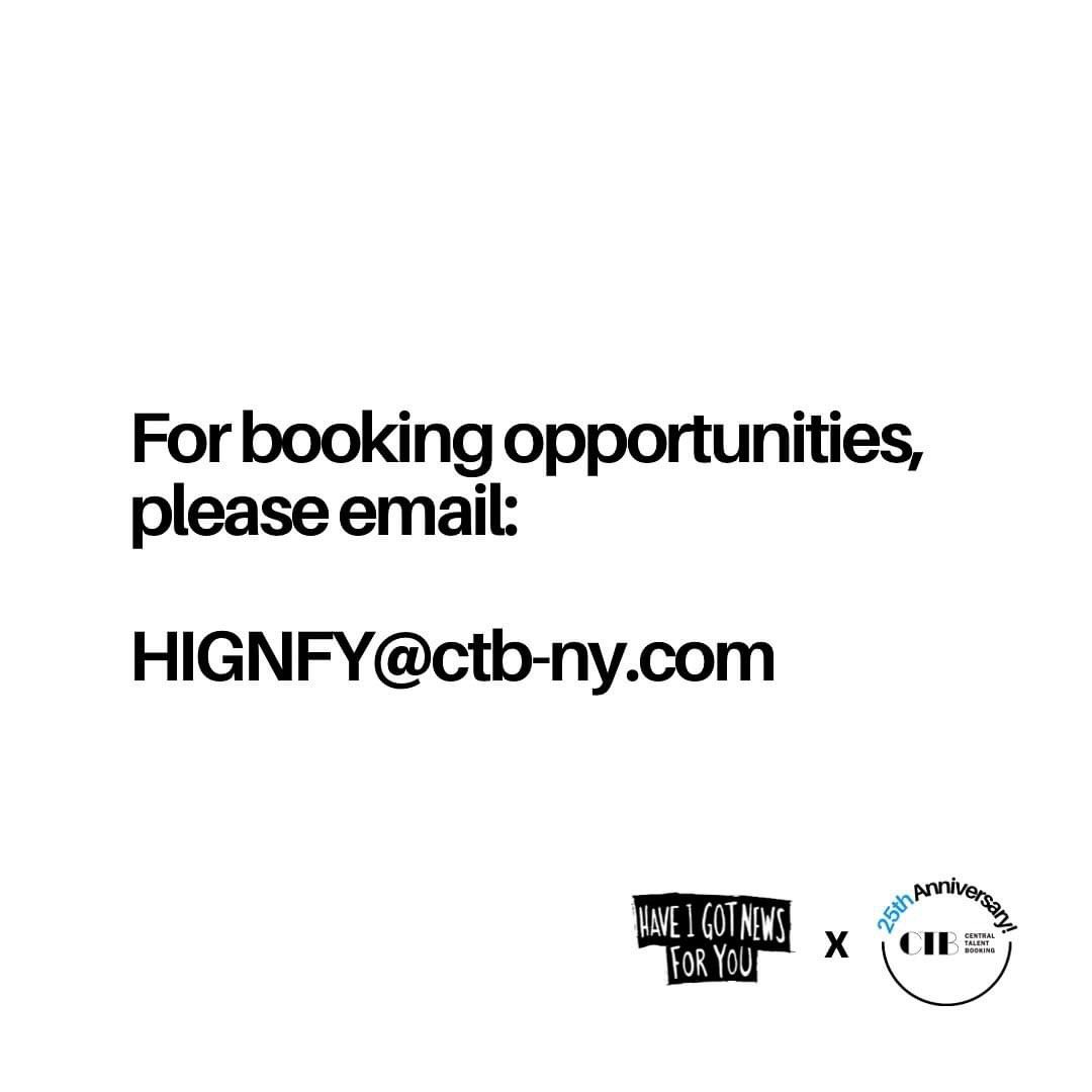 📣 Very exciting announcement!

We are thrilled to share that we will be booking “Have I Got News for You” with host Roy Wood Jr., a CNN original! 👏

For booking opportunities or inquiries, please email: HIGNFY@ctb-ny.com.

#BookedByCTB #TalentBooking #CentralTalentBooking