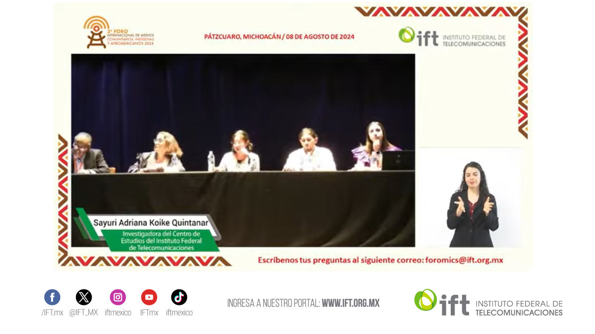 IFT_MX's tweet photo. En la #Mesa9 del #ForoInternacional de #MediosComunitarios, #Indígenas y #Afromexicanos” que organiza el @IFT_MX hablaremos sobre: “#DerechosDeLasAudiencias en los #MediosComunitarios e #Indígenas”.
Dialogan @hsarayg, Presidenta de @SomosAudiencias; Carlos Alfredo Mata Jiménez, de la comunidad indígena mixteca de San Pedro Tututepec; @mayranathali, Directora General de Política y Procedimientos Regulatorios en Medios y Contenidos Audiovisuales del @IFT_MX; y @telecomymedios, investigador y analista de medios de la @uamxoficial.
Comparten reflexiones sobre el respeto y la promoción de los derechos de las audiencias, y la existencia de las defensorías de los mismos. Además, hablan sobre las acciones que se deben realizar para que las audiencias gocen de contenidos de calidad, y que todas as personas sean incluidas en ellos.
Modera la discusión Sayuri Koike, Investigadora del Centro de Estudios del @IFT_MX.
#IFTconLosPueblosIndígenas
#IFTconLosPueblosAfromexicanos
Sigue nuestra 🔴#TransmisiónEnVivo por:
➡️https://t.co/jPAL3DVTWj
➡️https://t.co/Dqv2sPpzEs
➡️https://t.co/LsPbF7xTal
➡️https://t.co/Vtzl8hiEvh