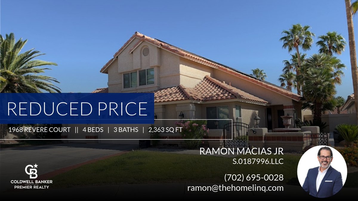 ThehomeLinq's tweet photo. 📍 Reduced Price 📍 This recently reduced home at 1968 Revere Court in Henderson won't last long, so, don't wait to set up a showing! Reach out here or at (702) 695-0028 for more information!

Ramon Macias Jr 
REALTOR®
Coldwell Ban... https://t.co/L0yCIlFDeL https://t.co/1VUAqEVWhq