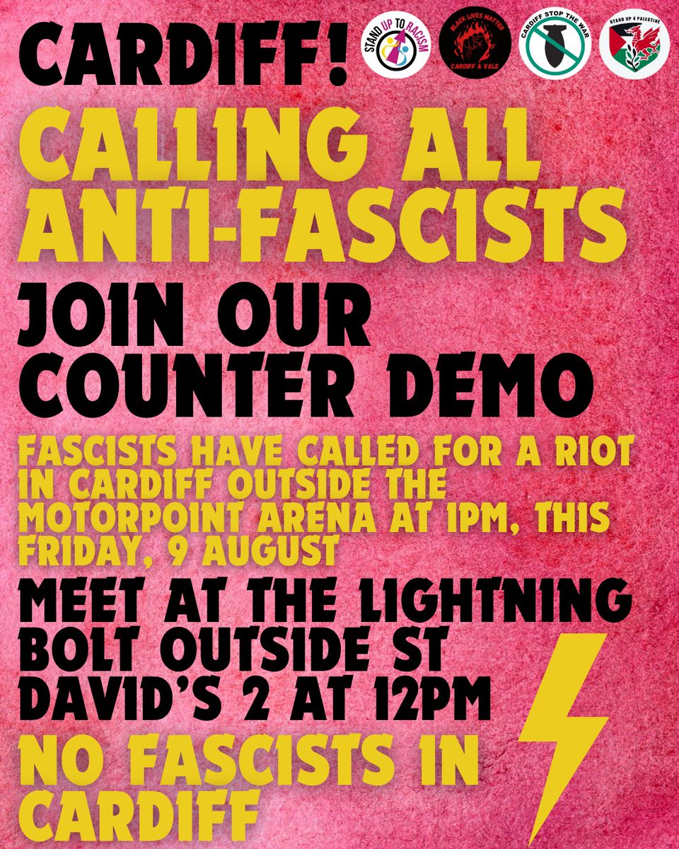 Thread of upcoming protests against Racism and Fascism coming up in Wales, including in Cardiff, Swansea, Abergavenny, Tenby and Aberystwyth 

Cardiff 
Friday 9 August
Counter-protest