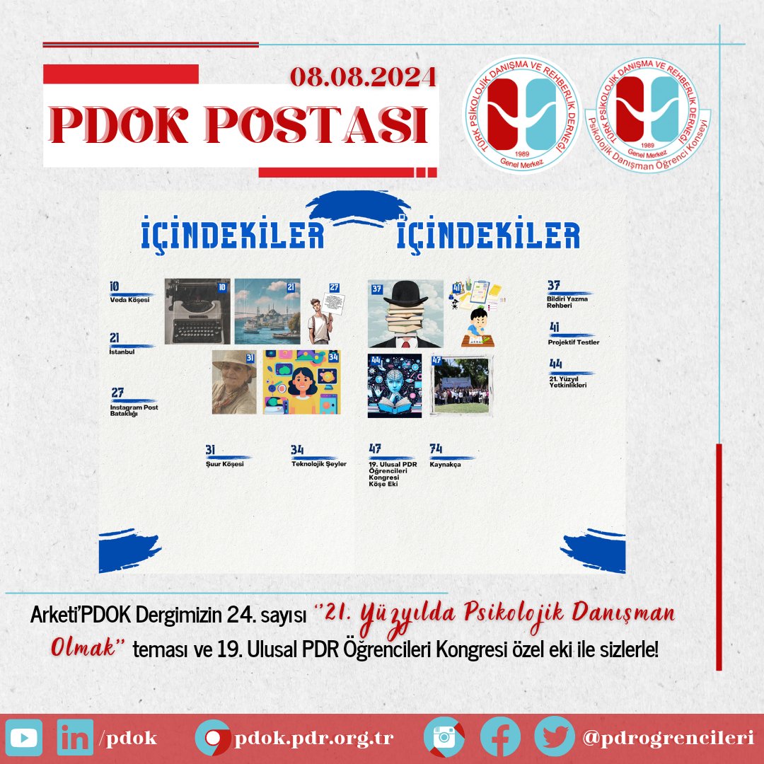 PDOK (@pdrogrencileri) on Twitter photo Merhaba sevgili PDOK ailesi✨
ARKETİPDOK’un 24. Sayısı sizlerle. 🌸
21. Yüzyılda Psikolojik Danışman Olmak temasıyla hazırladığımız sayımızda 19. Ulusal PDR Öğrencileri Kongresi'nden yansımalara da ulaşabileceksiniz.🥳
Keyifli okumalar dileriz. 🤍
drive.google.com/drive/folders/… Merhaba sevgili PDOK ailesi✨
ARKETİPDOK’un 24. Sayısı sizlerle. 🌸
21. Yüzyılda Psikolojik Danışman Olmak temasıyla hazırladığımız sayımızda 19. Ulusal PDR Öğrencileri Kongresi'nden yansımalara da ulaşabileceksiniz.🥳
Keyifli okumalar dileriz. 🤍
drive.google.com/drive/folders/…